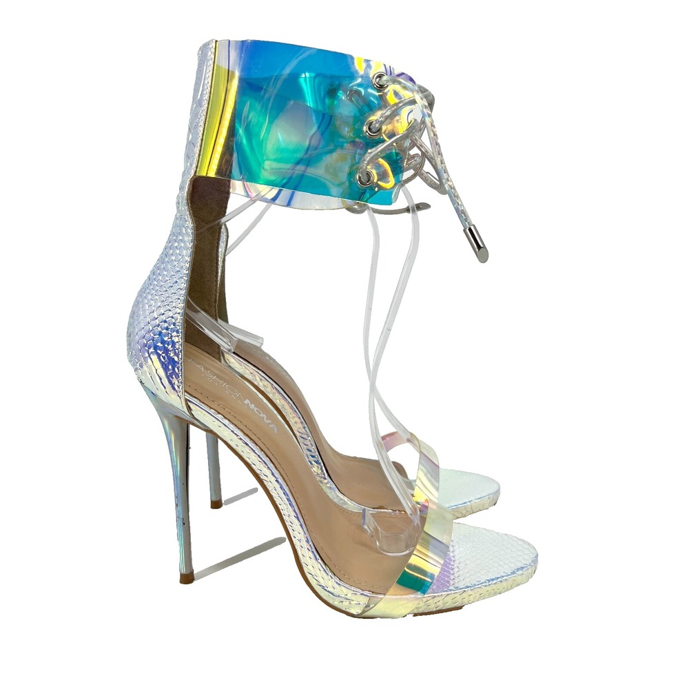 Fashion Nova Urban Hologram Strappy Lace Up High Heels‎ Womens US 7.5 Iridescent